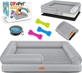 Lovpet® Orthopädisches Hundebett Hundekissen Hundekorb Relax, Inkl. Napf + 3X Kauknochen, 106x80x22cm Grau