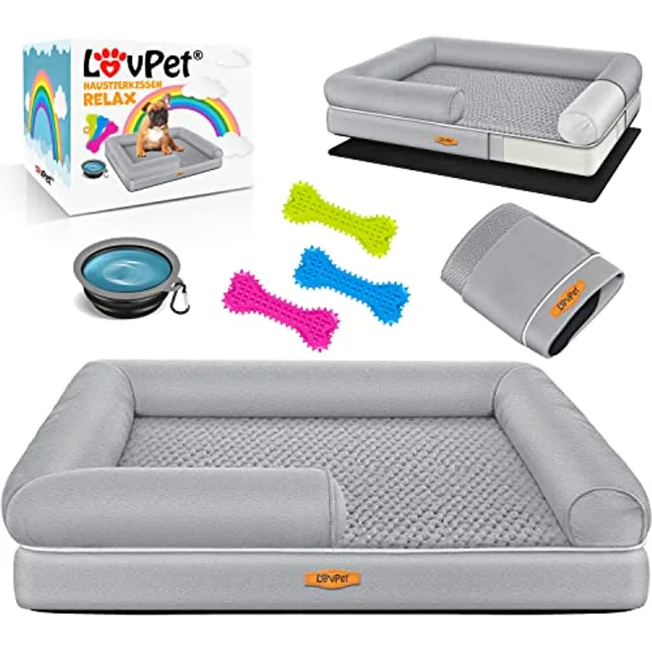 Lovpet® Orthopädisches Hundebett Hundekissen Hundekorb Relax, inkl. Napf + 3X Kauknochen, 91x71x22cm Grau