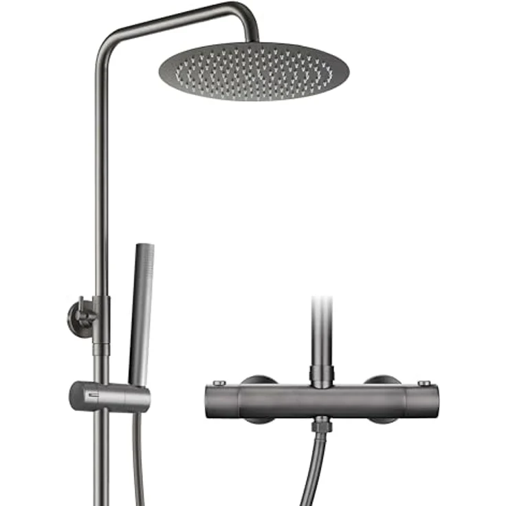 Görbach Thermostat Duschsystem Komplettset mit 25 cm Edelstahl Duscharmatur, intelligente Temperaturkontrolle und höhenverstellbare Duschsäule – Bild 1