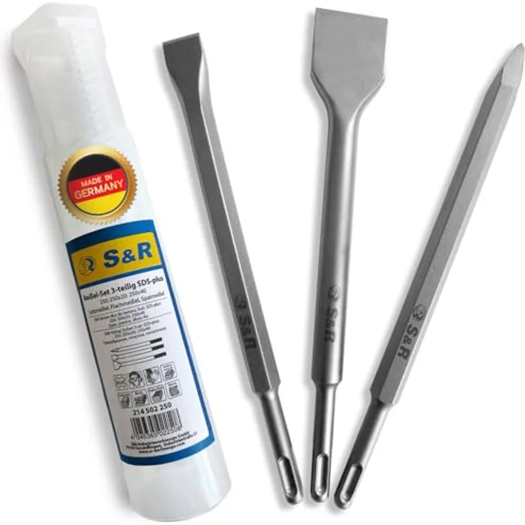 S&R Meißel-Set 3-tlg. SDS-plus, Industrie-Qualität, Spatmeißel, Flachmeißel, Spitzmeißel, hohe Standzeit, in robuster Box – Bild 1