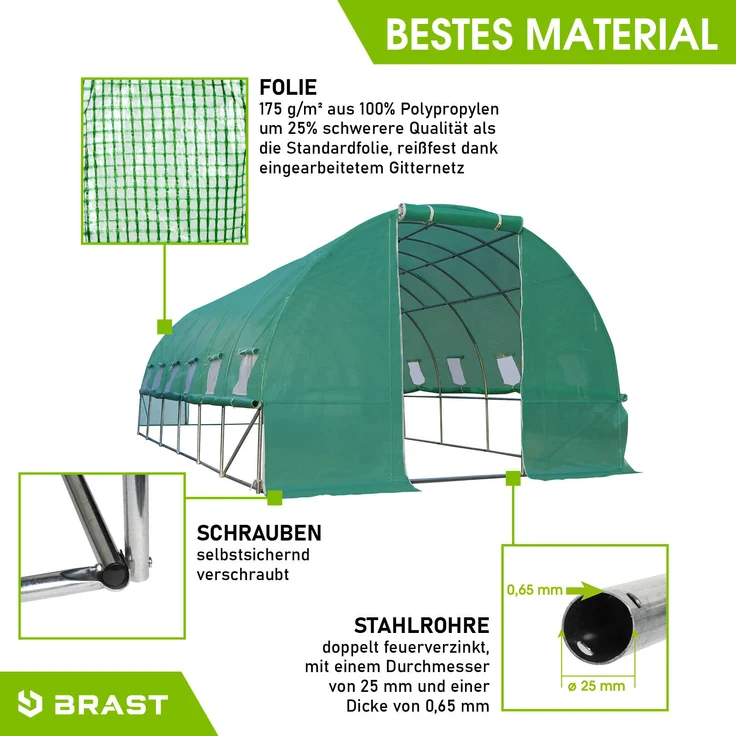 BRAST Gewächshaus Foliengewächshaus 300x600cm inkl. 4 Erdanker mit Stahlfundament aufrollbare Seitenwände schwere Qualität Folie 175g/m² – Bild 7