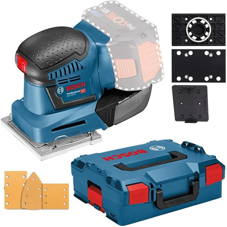 Bosch Professional 18V System Akku Schwingschleifer GSS 18V-10 (Schwingkreis-Ø: 1,6 mm, 3 Grundplatten mit unterschiedlichen Formaten, ohne Akkus und Ladegerät, in L-BOXX) – Bild 1