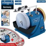 Scheppach Nass-Schleifsystem TIGER 2000S (Nass-Schleifmaschine mit 120W, Schleifstein aus Edelkorund mit Ø 200mm, Abziehpaste, Lederabziehscheibe-Winkellehre-Bruchsicherer Wassertank)