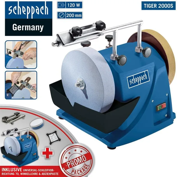 Scheppach Nass-Schleifsystem TIGER 2000S (Nass-Schleifmaschine mit 120W, Schleifstein aus Edelkorund mit Ø 200mm, Abziehpaste, Lederabziehscheibe-Winkellehre-Bruchsicherer Wassertank)