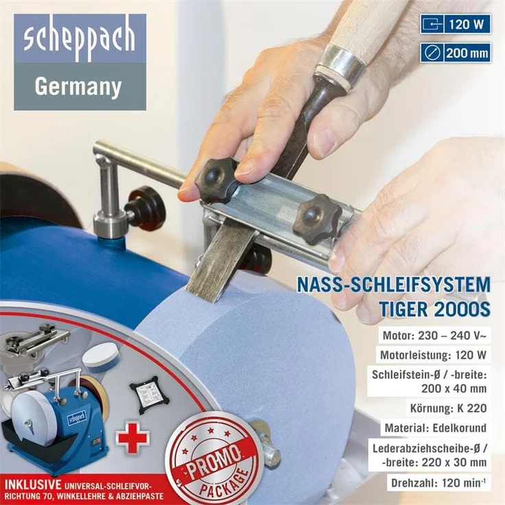 Scheppach Nass-Schleifsystem TIGER 2000S (Nass-Schleifmaschine mit 120W, Schleifstein aus Edelkorund mit Ø 200mm, Abziehpaste, Lederabziehscheibe-Winkellehre-Bruchsicherer Wassertank) – Bild 6