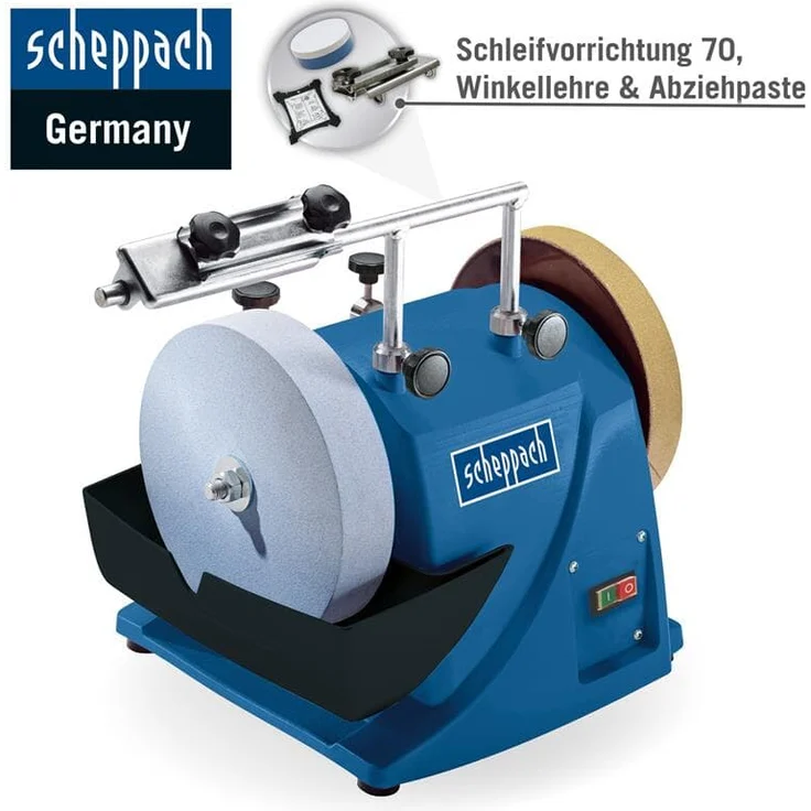 Scheppach Nass-Schleifsystem TIGER 2000S (Nass-Schleifmaschine mit 120W, Schleifstein aus Edelkorund mit Ø 200mm, Abziehpaste, Lederabziehscheibe-Winkellehre-Bruchsicherer Wassertank) – Bild 2