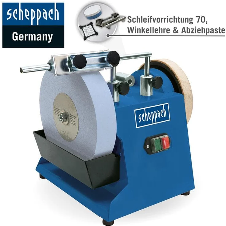 Scheppach Nass-Schleifsystem TIGER 2500 (Nass-Schleifmaschine mit 200W, Schleifstein aus Edelkorund mit Ø 250mm, Abziehpaste, Lederabziehscheibe - Winkellehre - Bruchsicherer Wassertank) – Bild 2