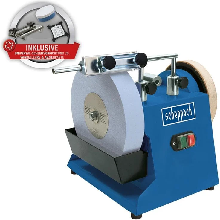 Scheppach Nass-Schleifsystem TIGER 2500 (Nass-Schleifmaschine mit 200W, Schleifstein aus Edelkorund mit Ø 250mm, Abziehpaste, Lederabziehscheibe - Winkellehre - Bruchsicherer Wassertank) – Bild 3