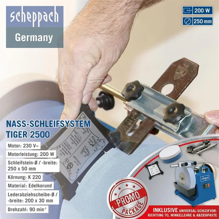 Scheppach Nass-Schleifsystem TIGER 2500 (Nass-Schleifmaschine mit 200W, Schleifstein aus Edelkorund mit Ø 250mm, Abziehpaste, Lederabziehscheibe - Winkellehre - Bruchsicherer Wassertank) – Bild 6