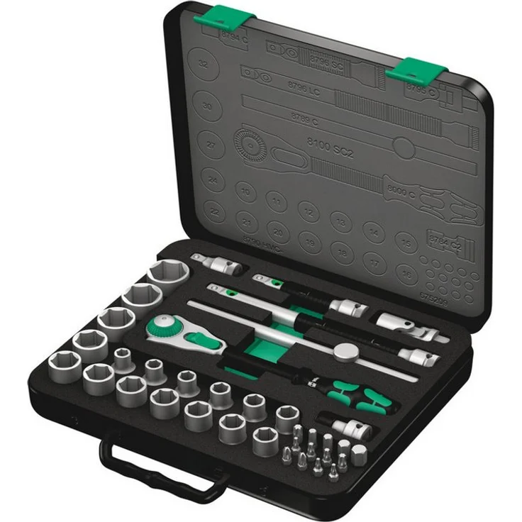 Wera 8100 SC 2, Bit- und Steckschlüsselset, 1/2"-Antrieb, metrisch, matt verchromt, 17 Einsätze, 5 Knarren in einer, Metallkoffer mit Schaumstoffeinlage
