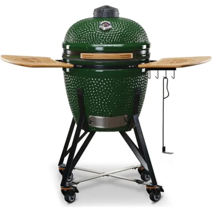 Kamado BONO Green Egg BBQ-Grill Zalgiris, Ø 55cm Holzkohlegrill mit Dual-Zone-Grillsystem, Keramik-BBQ-Smoker zum Kochen, Räuchern und Backen, inklusive Hähnchenhalter und seitlichen Tischablagen – Bild 1