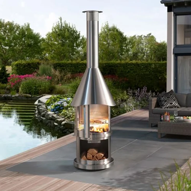 Buschbeck Grillkamin 'Melbourne', Edelstahlfarben, mit Grillrost und 360° Panorama Glastür, Ø 39 cm Grillfläche, Made in Germany – Bild 2