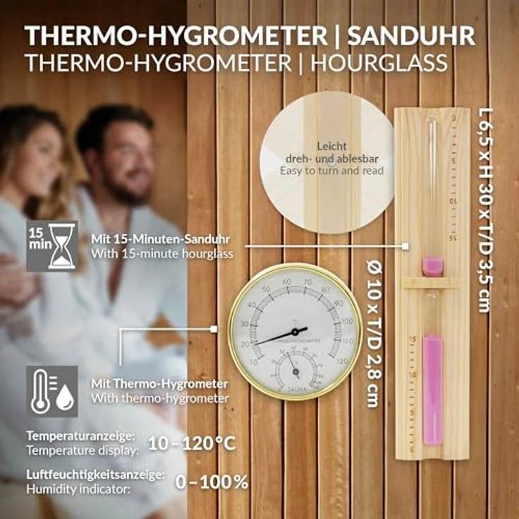 LuxeBath Saunazubehör-Set, 4-teilig aus massivem Kiefernholz, inkl. Aufgusskübel 4,5L mit Kunststoffeinsatz, Thermometer-Hygrometer & 15 Min. Sanduhr, langlebiges Sauna Zubehör – Bild 4