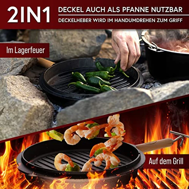 GUSSKÖNIG Dutch Oven Set [4.5L] ohne Füße - Eingebrannter Feuertopf mit innovativem 2in1 Deckelheber, Untersetzer, Reinigungsbürste und Rezeptbuch - für Abenteurer – Bild 5