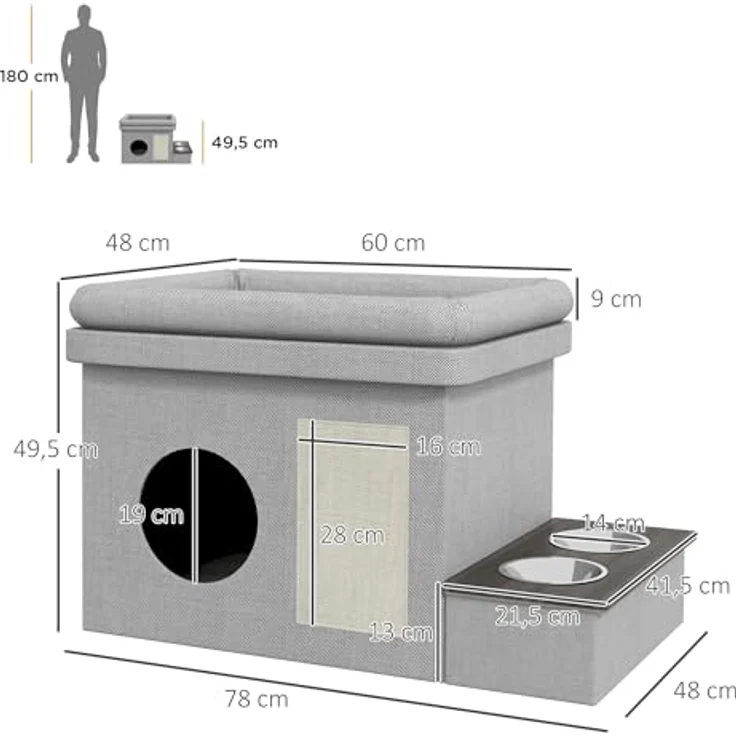 PawHut Tierbett Katzenhaus mit 2 Edelstahlnäpfen, Katzenbett Kissen, Kratzmatte, für Katzen und Hunde bis 8 kg, Polyester, Grau – Bild 5
