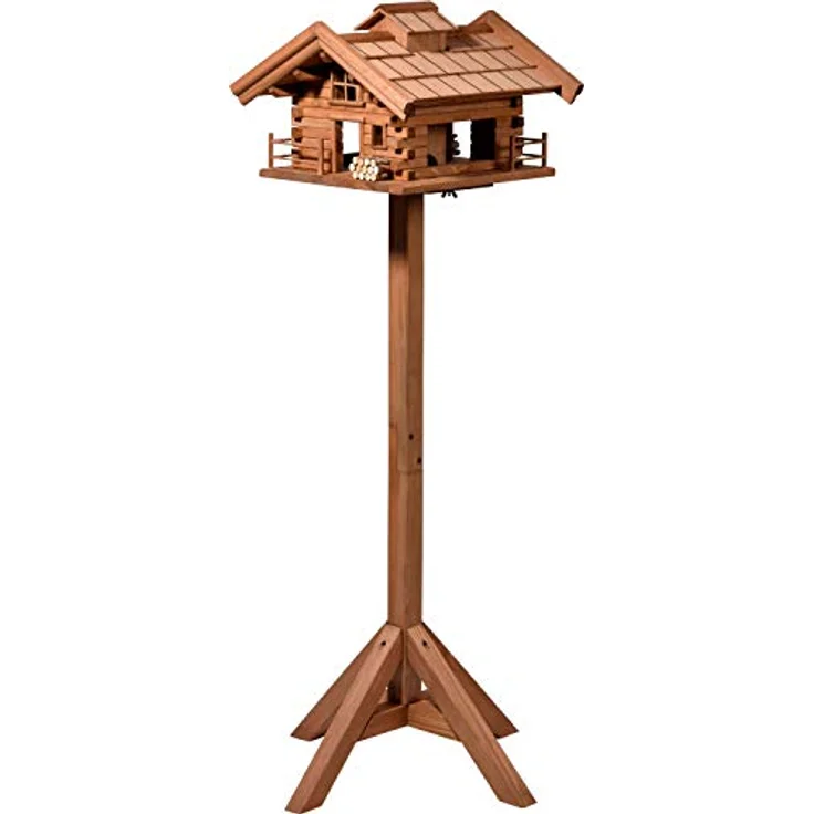 dobar® Green Label 98733FSCe Design Vogelfutterhaus Tirol - Vogelhaus Hüttendesign - Vogelvilla Massivholz - Vogelfutterstation inklusive Ständer - Großer Futterspender - 37 x 37 x 117 cm - Braun – Bild 1