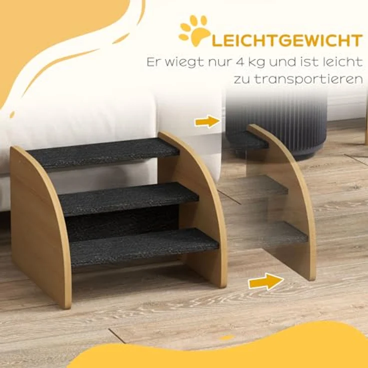 PawHut Hundetreppe 3 Stufen, Haustiertreppe mit Seitenwand, Hunderampe für Kleine Hunde bis 10 kg, Kaztentreppe für Sofa, Bett, rutschfest, Eiche – Bild 4