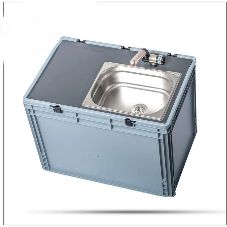 ad-ideen Mobile Campingbox 12V, Edelstahl Handwaschbecken mit Automatikwasserhahn, hellgrau/dunkelgrau, 325 x 265 x 100 mm