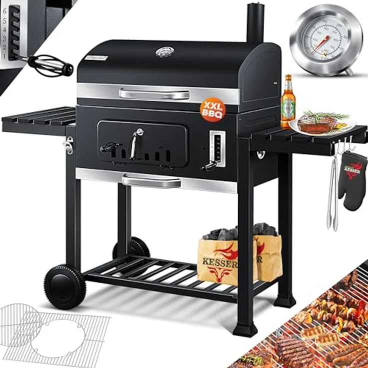 KESSER® Grill Grillwagen XXL Holzkohlegrill mit Deckel, Rädern, Edelstahl-Griff, Thermometer und großem Grillrost, Holzkohle BBQ Barbeque für Camping, Terrasse, Garten in Schwarz – Bild 1