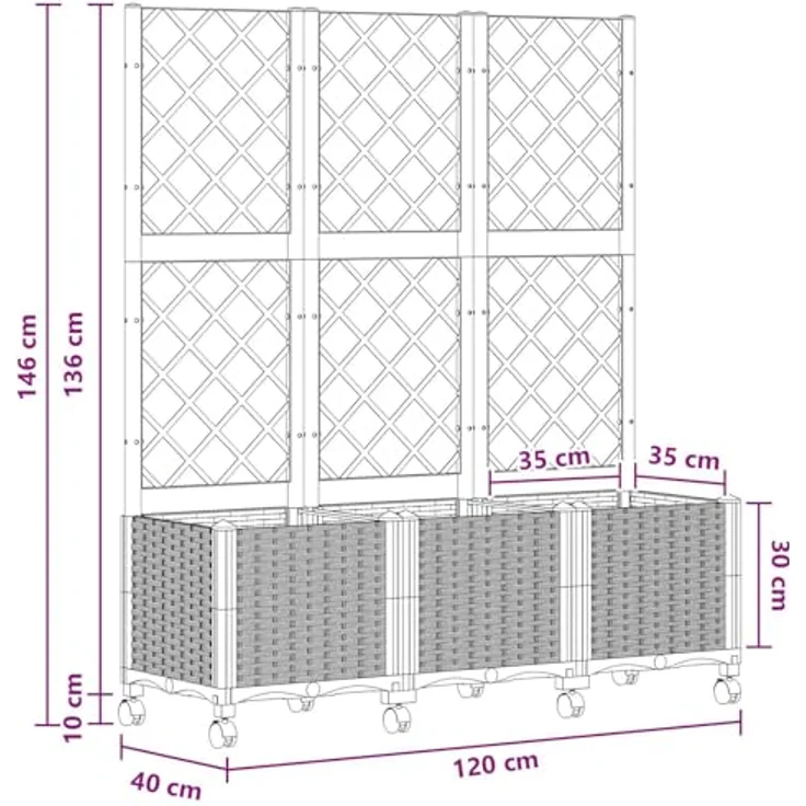 vidaXL Pflanzkübel mit Spalier und Rädern, hellgrau, wetterfestes Polypropylen, 120 x 40 x 146 cm – Bild 3