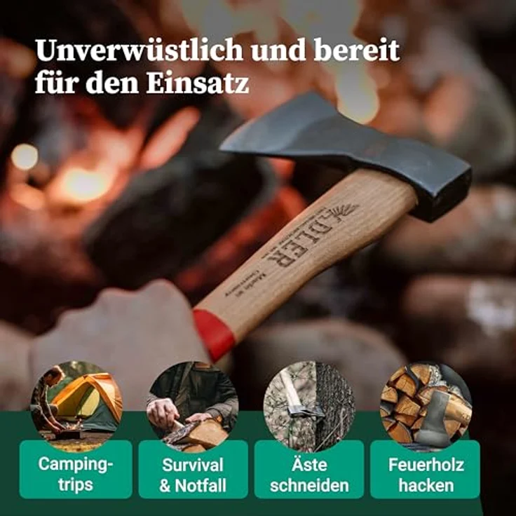 Adler Rheinlandbeil inkl. Lederschutz: Geschmiedetes Holzbeil aus C60-Stahl, Anti-Rutsch Outdoor-Beil, Grün/schwarz, 600 g – Bild 5