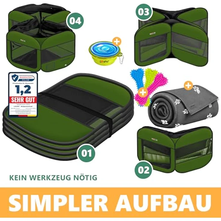 Lovpet® Welpenlaufstall, Faltbar für Kleintiere, 125 cm Durchmesser, inkl. Hundenapf und Fleece Decke, Oxfordgewebe, Pop-up System, Indoor & Outdoor, Khaki – Bild 4