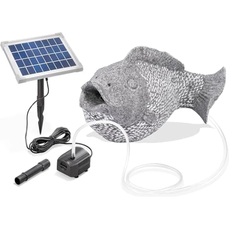 Esotec Solar Wasserspeier Set Fisch, Teichfigur mit Tauchpumpe und Solarpanel, grau, H=22cm, IP68 Wasserpumpe, wetterfest – Bild 1