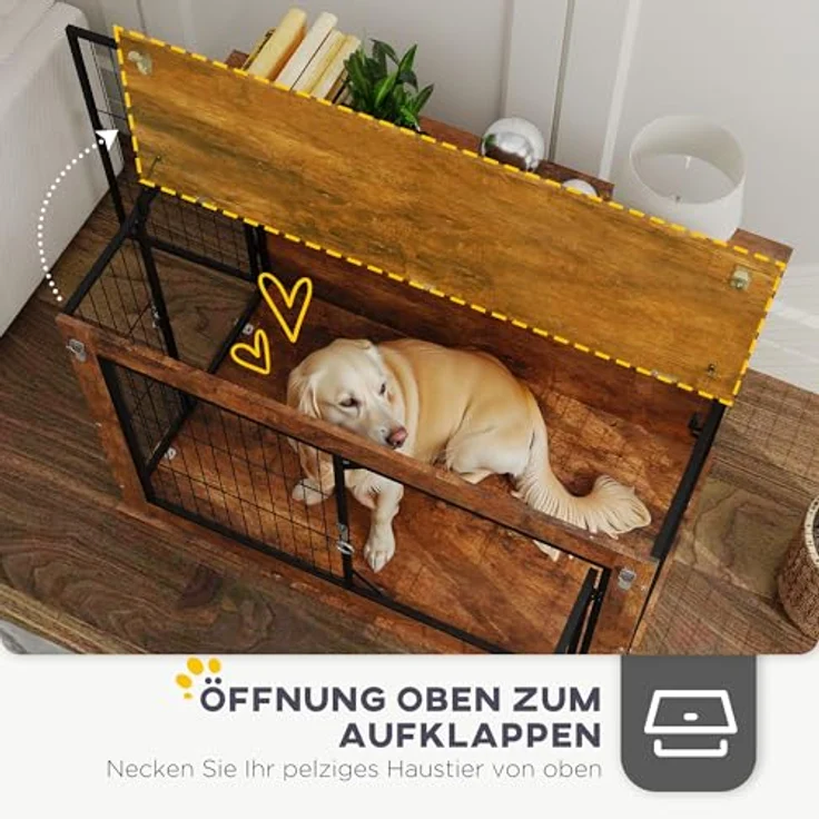 PawHut Hundekäfig Möbel, Hundebox für große Hunde unter 30 kg, Stahl, 98 x 60 x 65,5 cm, Rustikales Braun – Bild 4