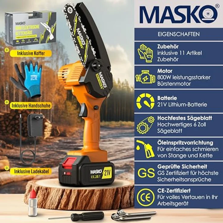 MASKO® Mini Kettensäge 800W, 6 Zoll, Akku mit 8000mAh, Automatisches Ölsystem, für Astschnitte & Holzarbeiten, inklusive Koffer, 2x 4000mAh Akkus & 2x Ersatzketten – Bild 3