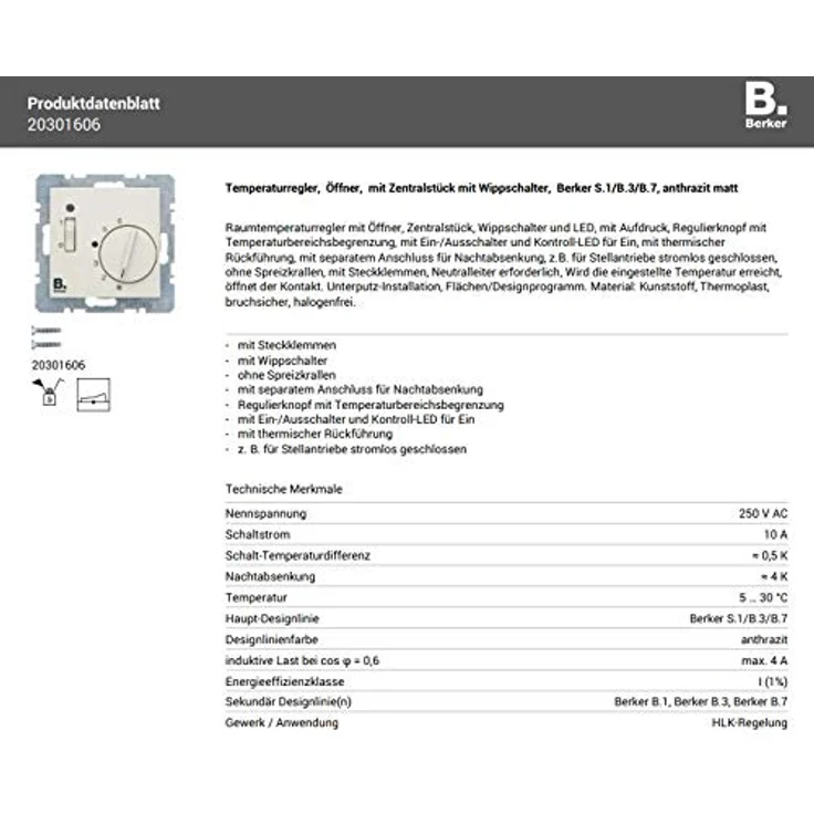 Hager Berker Raumtemperaturregler Ö 20301606, Termostato S/B, antracita – Bild 2