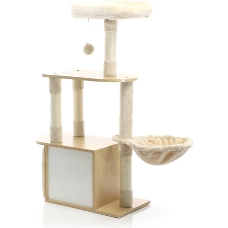 Fudajo Kratzbaum mit Holz in Beige 106 cm hoch, Katzenkratzbaum mit Katzenhaus und Liegemulde, Katzenbaum mit Sisal, Katzenmöbel mit Plüsch – Bild 4