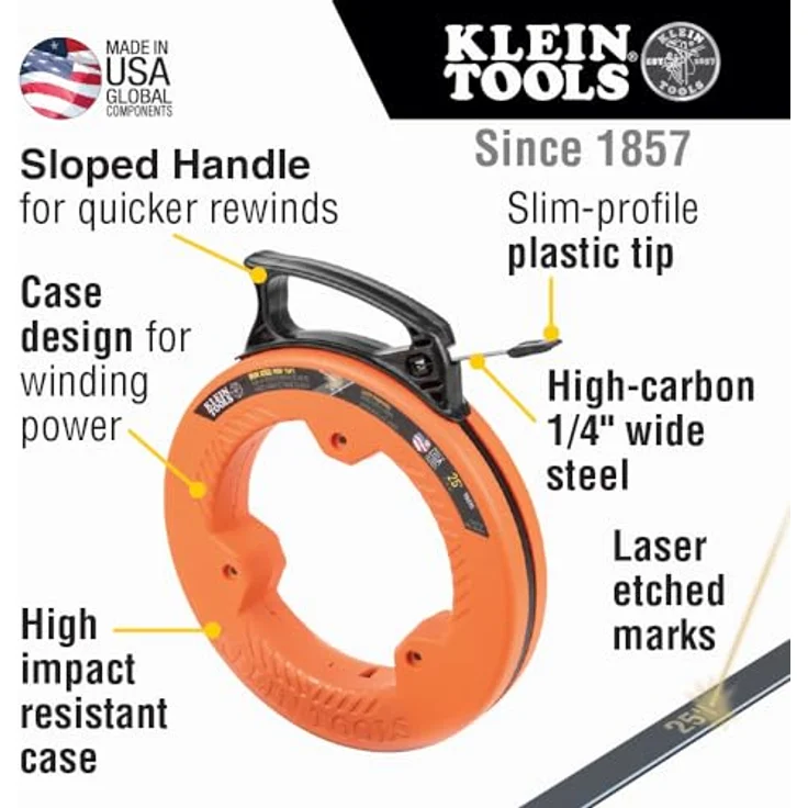 Klein Tools 56335 Stahleinziehband, 7,6 m - Hochfestes, flexibles Einziehband aus Federstahl, Laser-eingebrannte Längenmarkierungen, schlanke Kunststoffspitze – Bild 2