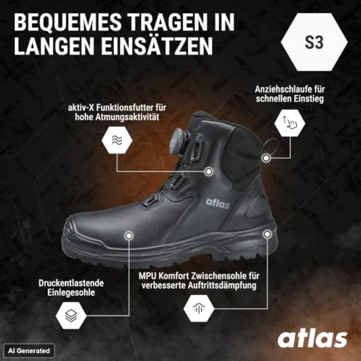 Atlas Sicherheitshalbschuh FLASH 9255 XP BOA S3, Sicherheitsklasse S3, Größe 37, schwarz – Bild 3