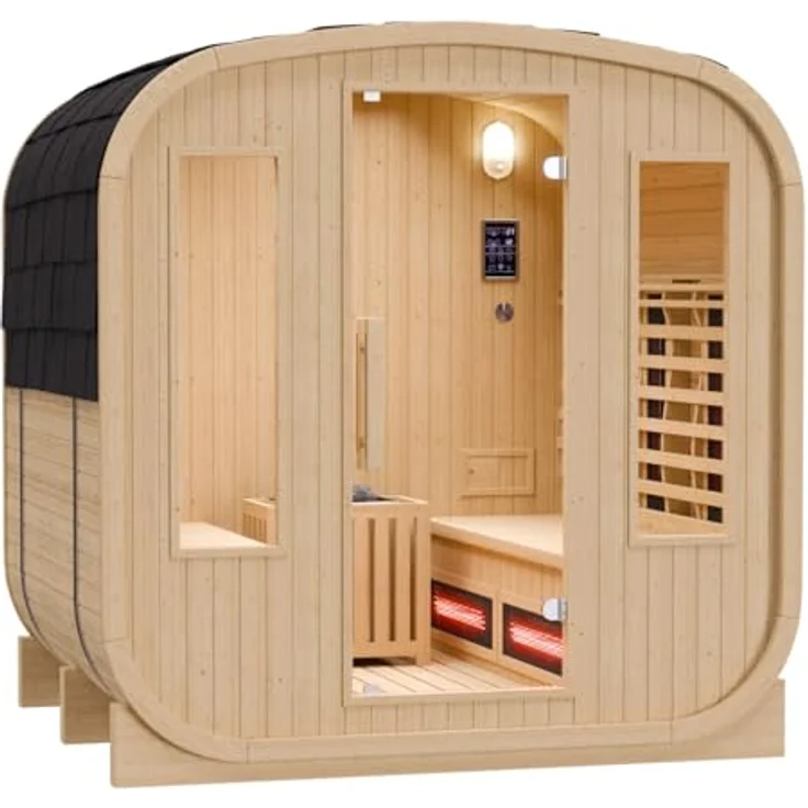 Dewello® -Cube Outdoor Fasssauna Richmond - 200 cm x 180 cm x 200 cm, Fichtenholz - 10 Infrarotstrahler, Saunaofen, Saunazubehör - Gartensauna für 4 Personen – Bild 5