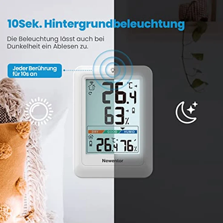 Newentor MAX MIN Thermometer Innen und Außen, Hygrometer mit Luftkomfortanzeige, Funk Wetterstation mit 1 Außensensor, Weiß, VA-Display mit Beleuchtung – Bild 4