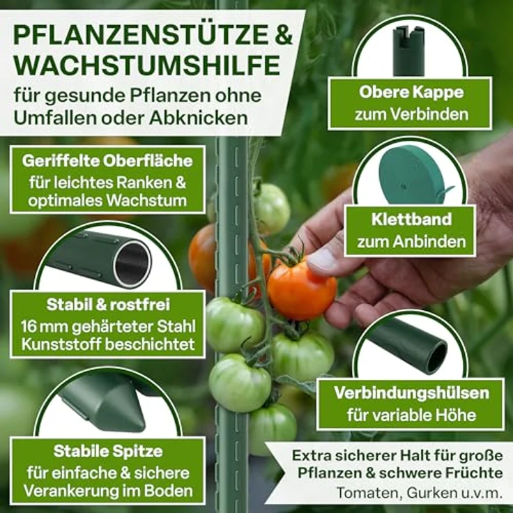 TTL GARDEN Rankstäbe 10er Set, 240cm x 16mm Ø grün, extra stabile Pflanzenstützen aus rostfreiem Stahl, inkl. Klettband für Tomaten, Paprika & Blumen – Bild 3
