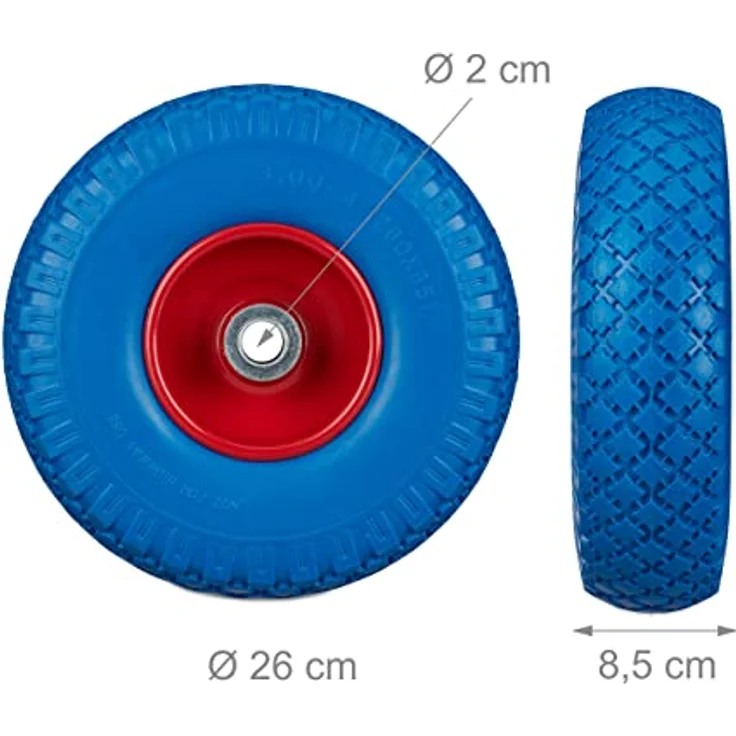 Relaxdays, blau-rot 2X Sackkarrenrad, pannensichere Vollgummireifen, 3.00-4" Stahlfelge, 20 mm Achse, 100kg, 260 x 85 mm, 10026069_959 – Bild 4