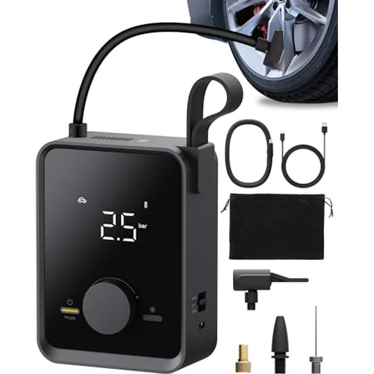 HOTO Elektrische Luftpumpe Pro 120PSI Akku Luftpumpe Fahrrad, Mini Kompressor mit 7500mAh Akku, Wiederaufladbarer Fahrradpumpe Elektrisch mit Digitale Anzeige LED Licht 5 Modi, Schwarz – Bild 1