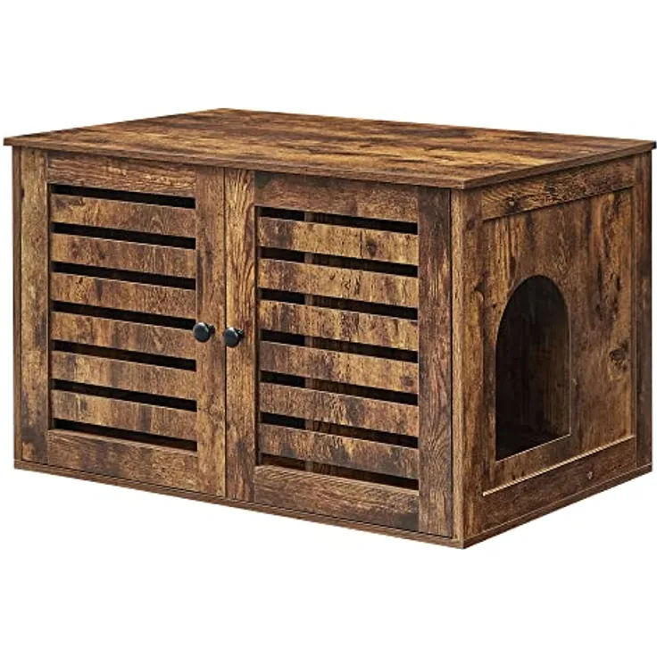 Feandrea Katzenklo-Schrank, Katzenhaus mit herausnehmbarer Trennwand, 2 Lamellentüren, Katzentoilette, Beistelltisch, 80 x 53 x 49 cm, vintagebraun