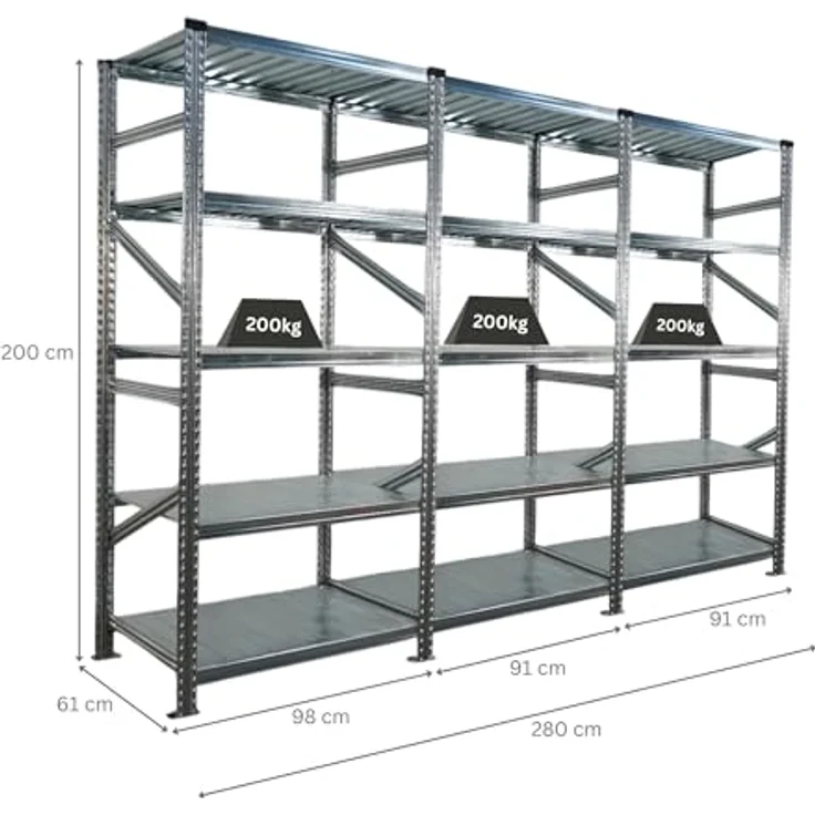 Proregal PROXIMO, Metallregal Fachbodenregal mit 1x Grundregal + 2x Anbauregal, 200 x 270 x 60 cm, Traglast 200 kg pro Boden, 5 höhenverstellbare Böden, verzinkter Stahl – Bild 2