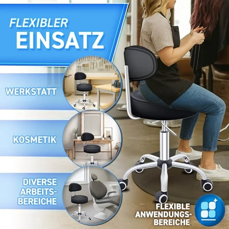 TRESKO Rollhocker Schwarz mit Lehne Arbeitshocker Hocker Drehhocker Kosmetikhocker Praxishocker – Bild 5