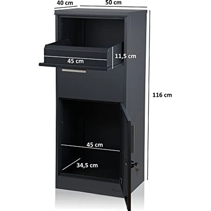 Zelsius Briefkasten mit Paketfach Jupiter | pulverbeschichteter Stahl mit Edelstahl Elementen | RAL7016 Anthrazit | integrierte Rückholsperre | Bodenmontage | Paketbriefkasten, Paketbox, Parcel Box – Bild 3