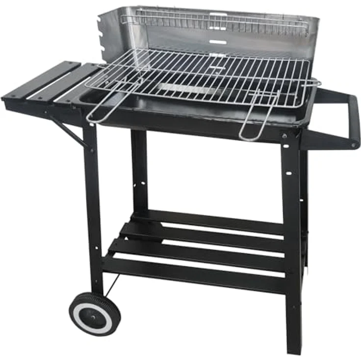 J.W. Grillwagen mobiler Holzkohlegrill, 48 x 26 cm Grillfläche, höhenverstellbarer Grillrost, mit Ablagen und Traggriff, pulverbeschichtetes Metallgestell