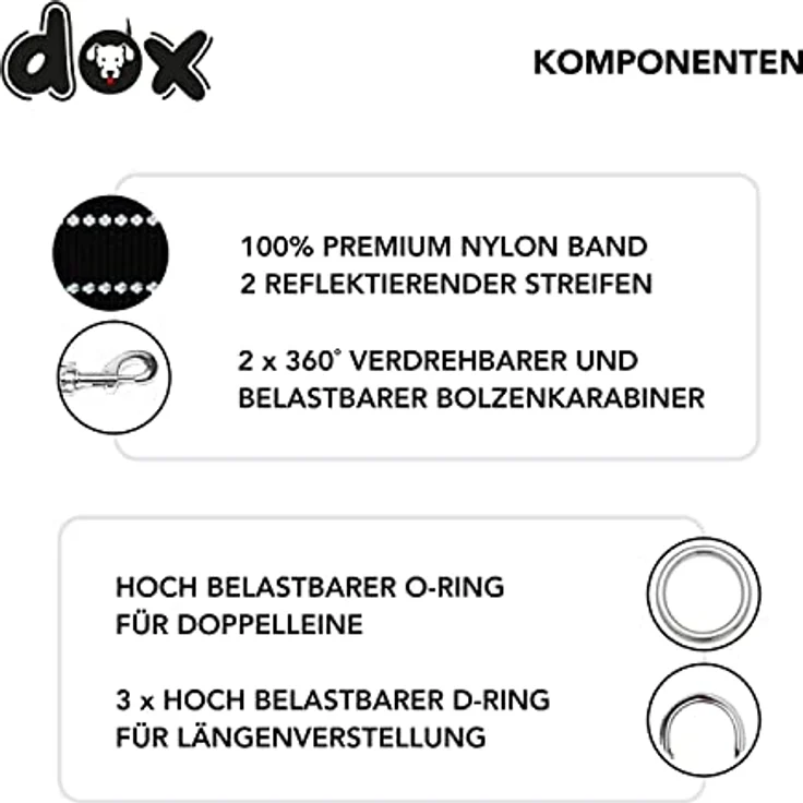 DDOXX Reflektierende Nylon Hundeleine - 2M, 3Fach Verstellbar - M (Schwarz) – Bild 2