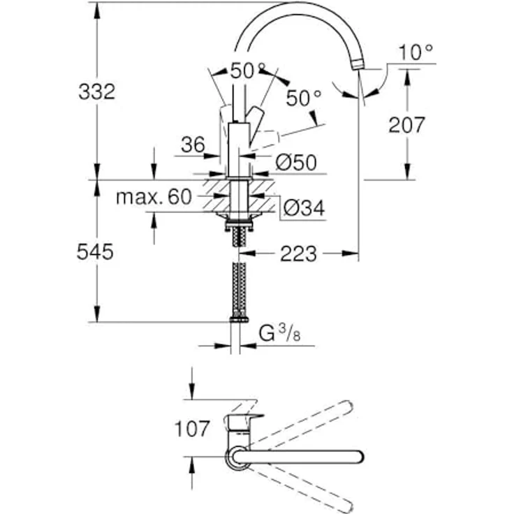 Grohe Küchenarmatur GROHE Start Edge Einhebelmischer mit hohem Auslauf und 360° Schwenkbereich, chrom – Bild 3