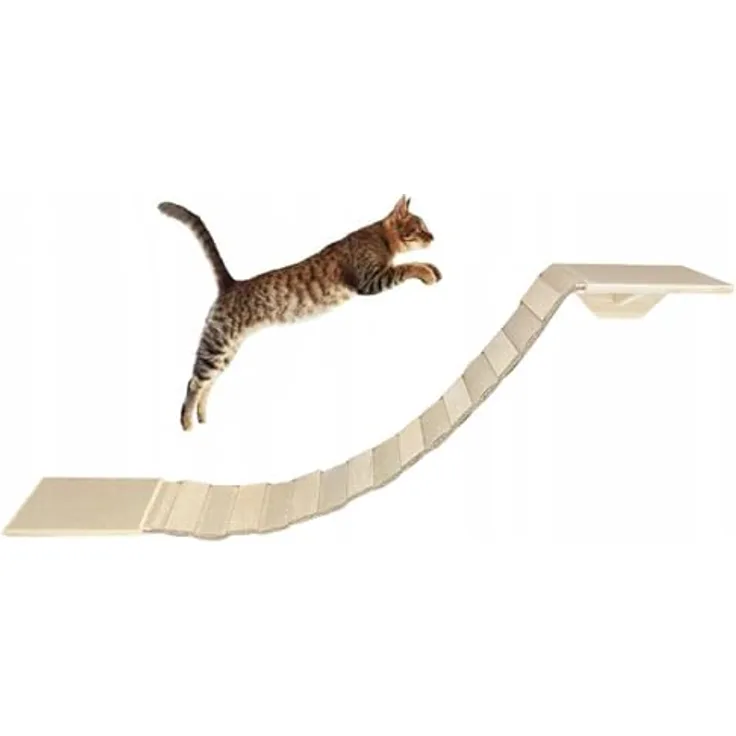 QLS Katzenbrücke mit 2 Katzenliegen Set 130 cm rutschfest Wandbefestigung aus Holz (Naturholz Beige) - Austauschbare Teppiche, verstärkte rutschfeste Brücke