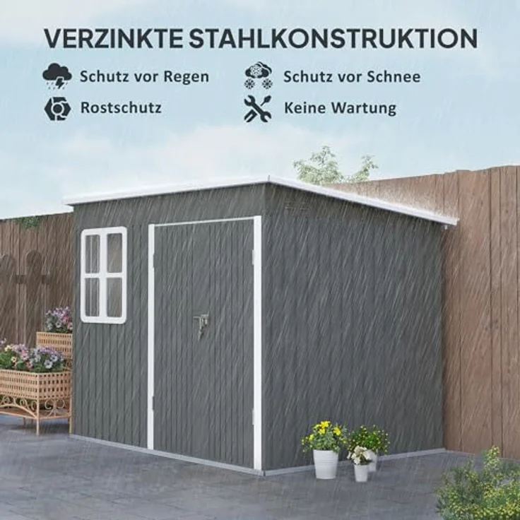 Outsunny Gerätehaus, 4,13 m³, Gartenhaus mit Fenster, abschließbare Tür, wetterbeständig aus Stahl, Dunkelgrau, 260 x 177 x 190 cm – Bild 3