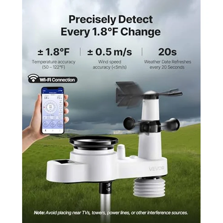 VEVOR 5-in-1-WLAN-Wetterstation, 7,5-Zoll-VA-Display, solarbetriebener Außensensor für Wettervorhersage, Windgeschwindigkeit, Temperatur und Luftfeuchtigkeit – Bild 3