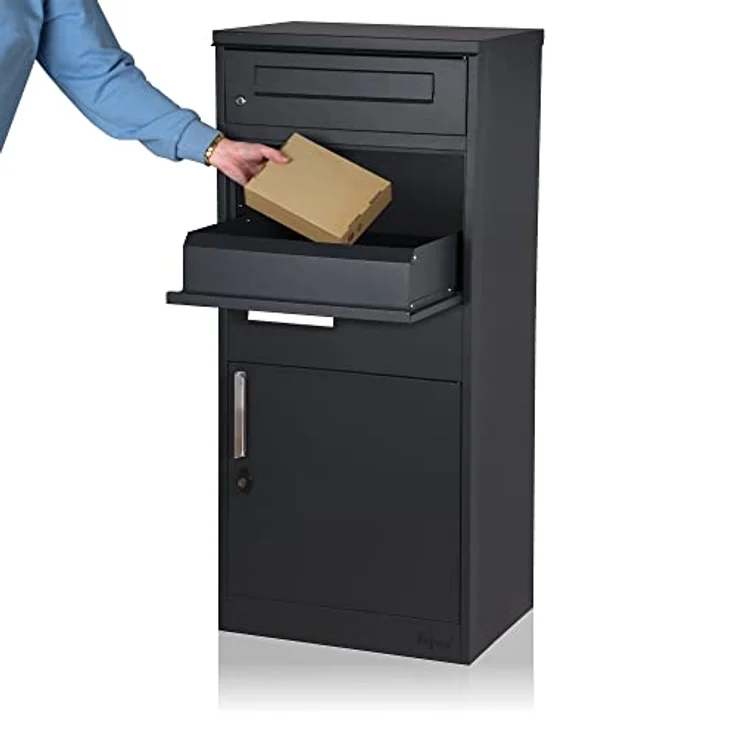 Zelsius Briefkasten mit Paketfach Neptun | pulverbeschichteter Stahl mit Edelstahl Elementen | RAL7016 Anthrazit | integrierte Rückholsperre | Bodenmontage | Paketbriefkasten, Paketbox, Parcel Box – Bild 2