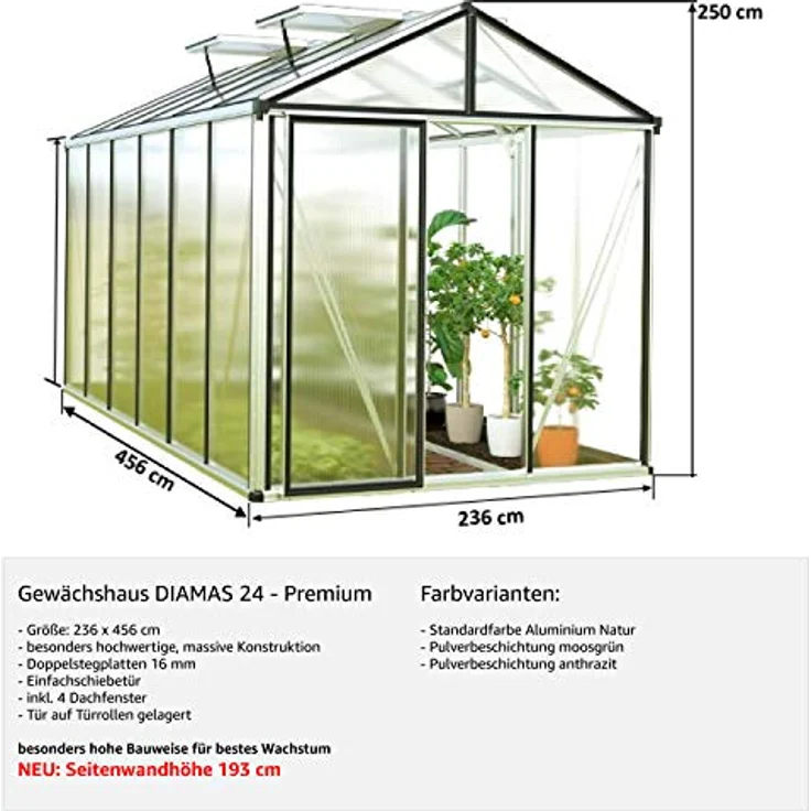 GFP Gewächshaus Diamas 24 Premium 235x460 cm mit integriertem Fundament 16 mm Doppelstegplatten, Farbe Anthrazit - Made in Austria – Bild 3
